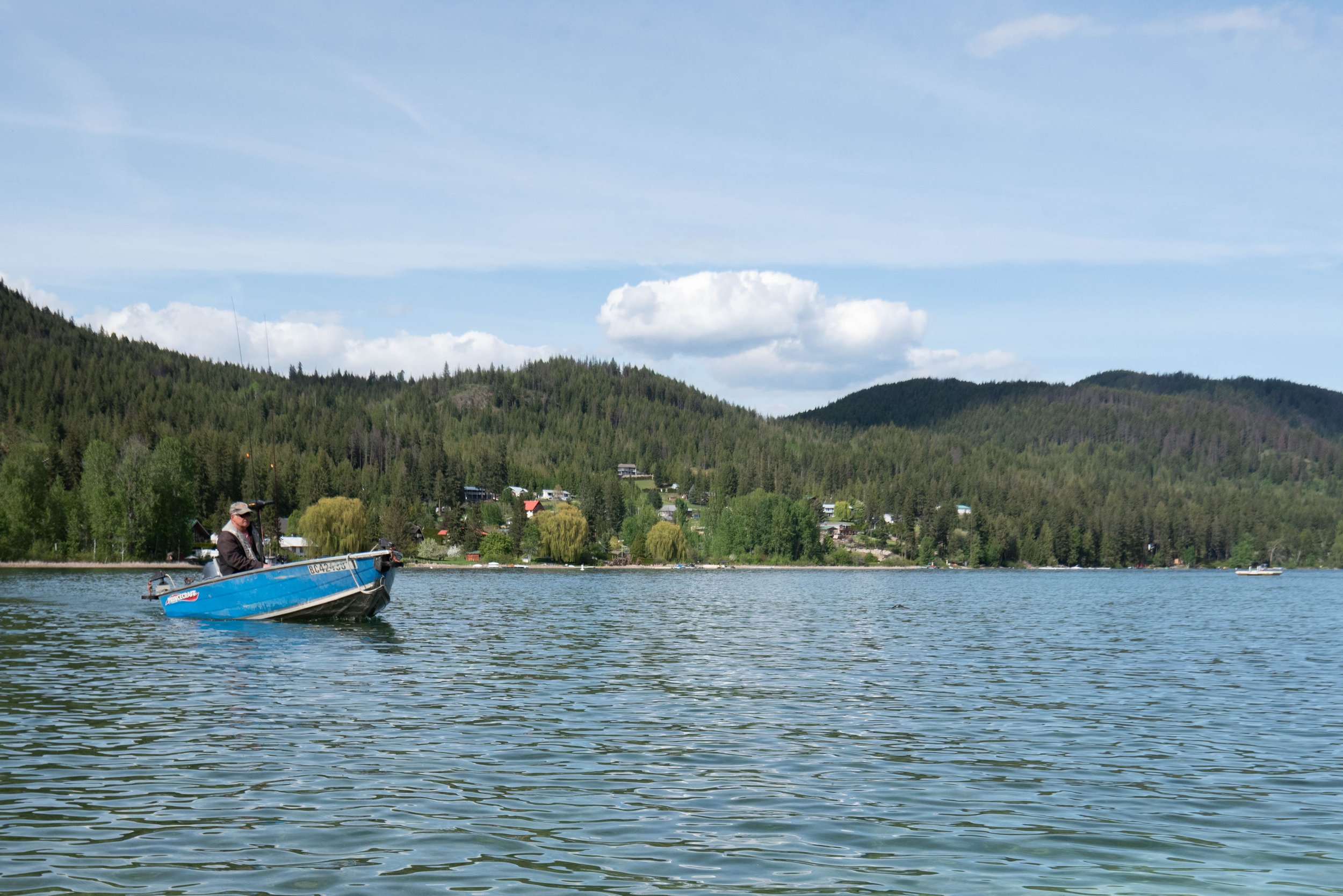 A person in a small blue boat on a lake, with green trees and mountains in the background, under a partly cloudy sky.
