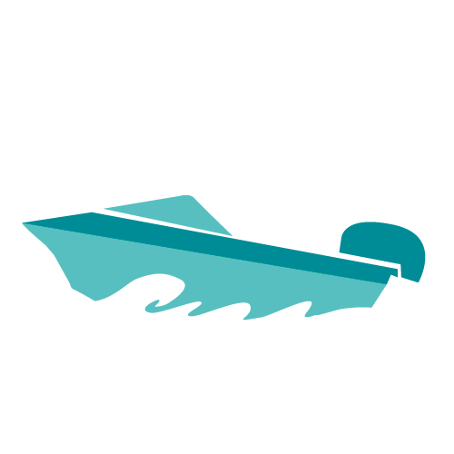 An illustration of a speedboat with a motor, blue hull, and black background.
