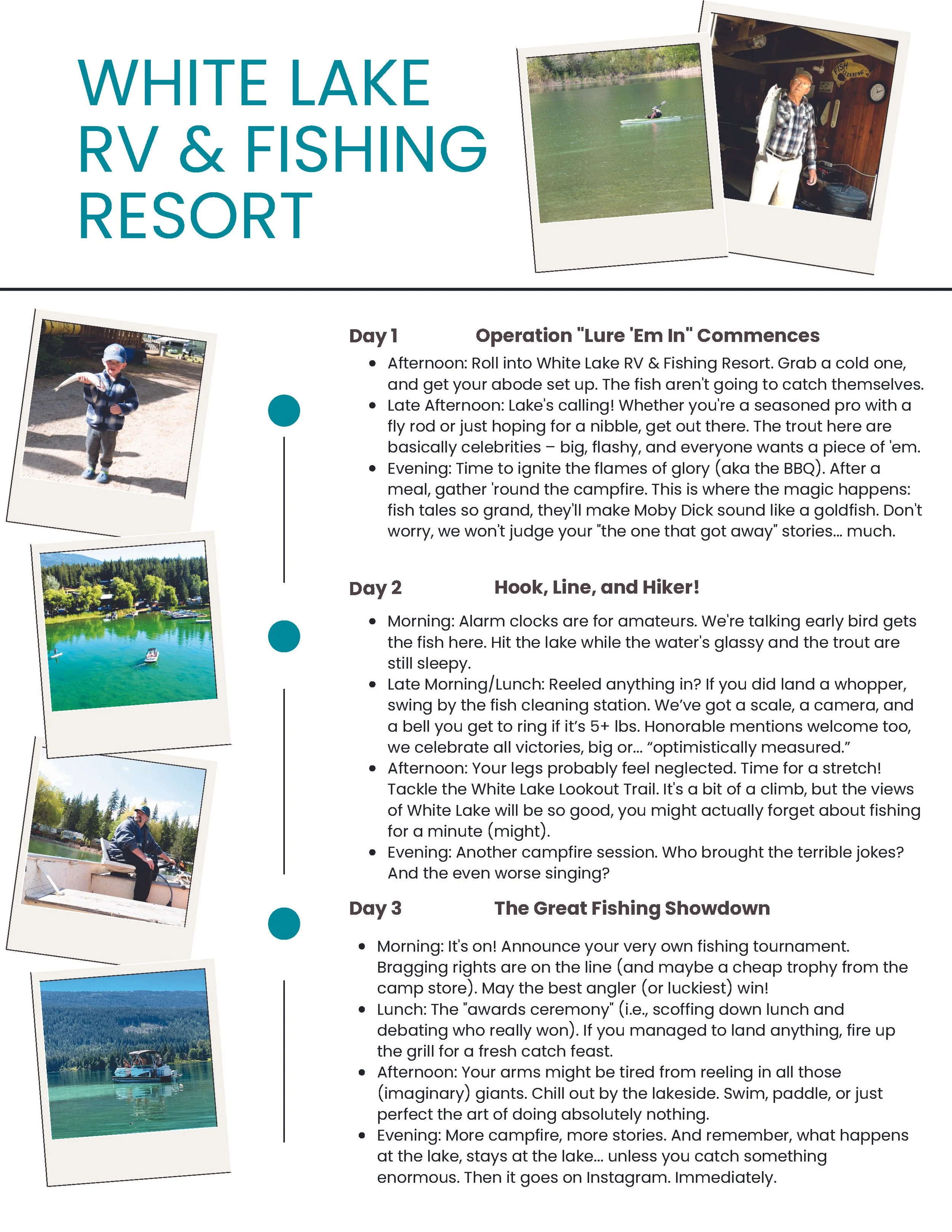 A schedule or itinerary for a trip to White Lake RV & Fishing Resort, detailing daily activities such as fishing, kayaking, campfire sessions, and a fishing tournament, accompanied by photos of people fishing, boats on the lake, and scenic views of White Lake.