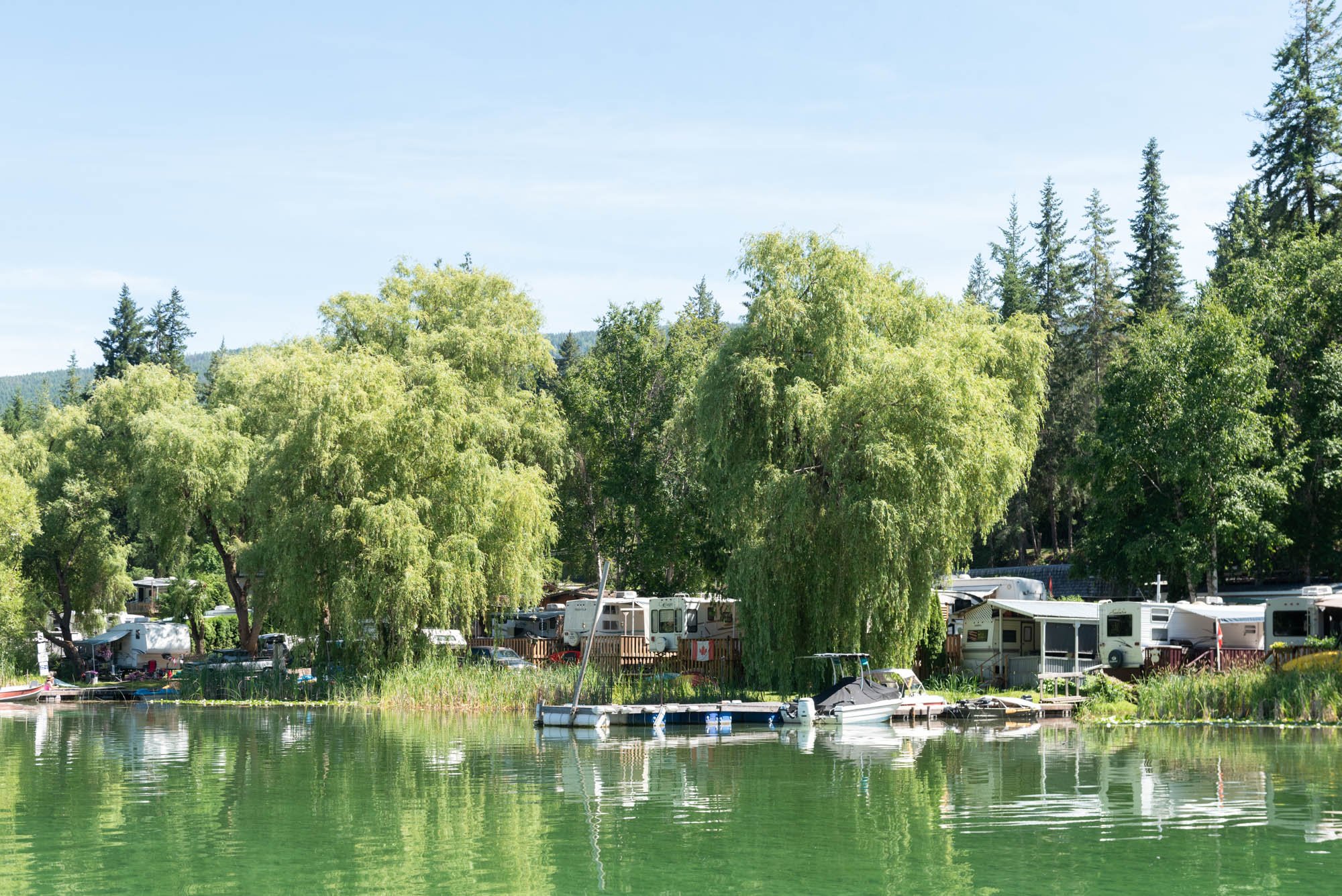 A residential area near a lake with trees, RVs, and boats in the foreground.