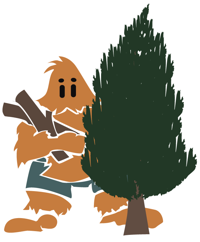 Cartoon of a furry creature, possibly a bigfoot or sasquatch, holding a rifle behind a tree, wearing blue shorts.