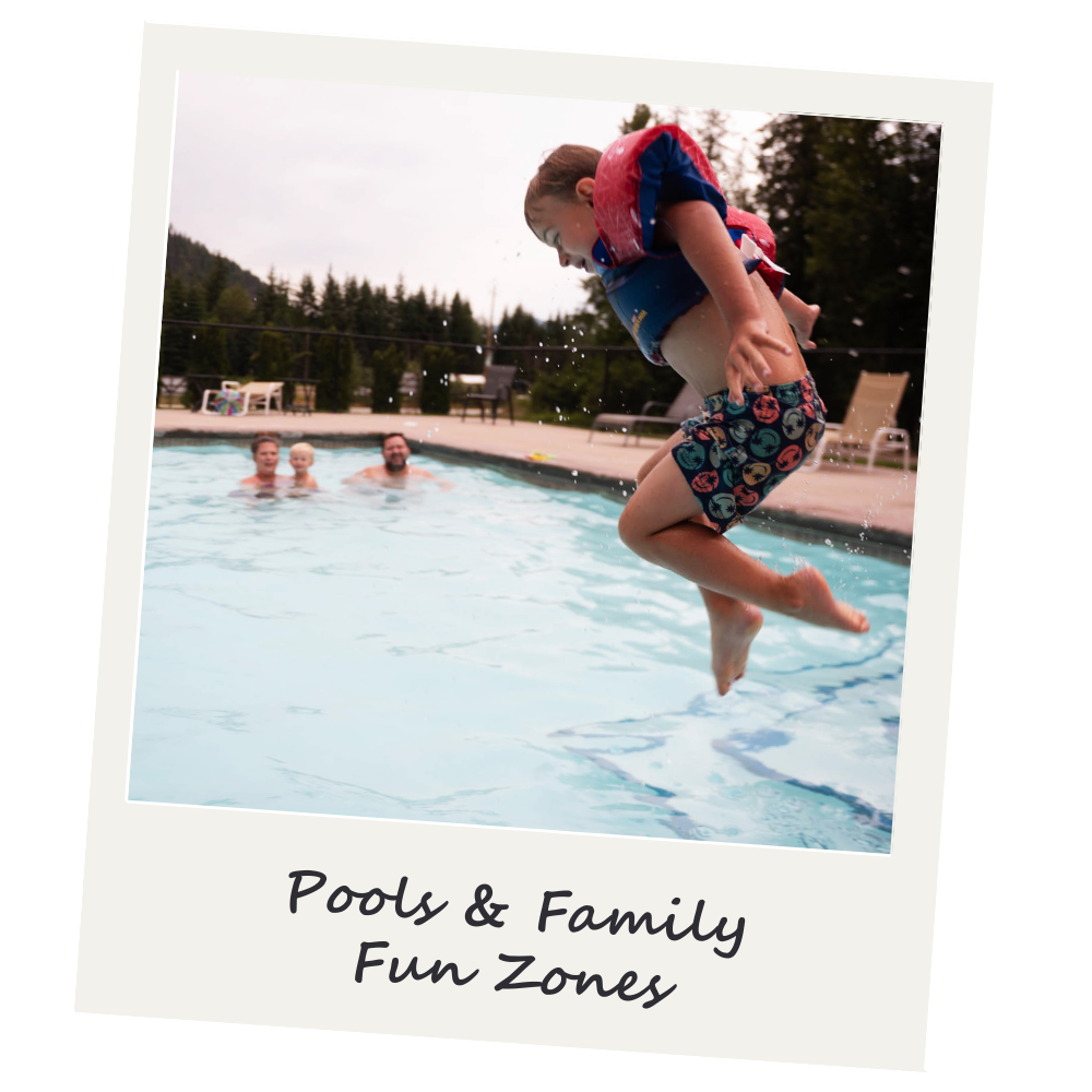 A child wearing a life jacket and swim trunks jumping into a pool, with two adults and another child in the background, surrounded by trees and outdoor furniture, under an overcast sky, with the caption 'Pools & Family Fun Zones'.