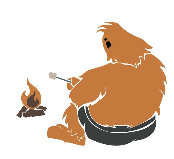A cartoon bear roasting marshmallow over a campfire.