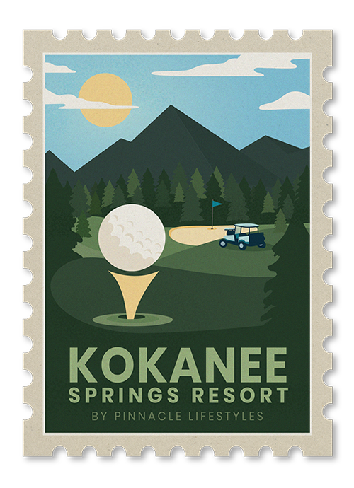 A golf course at Kokanee Springs Resort with a mountain, trees, a golf cart, a flag, and a large golf ball fountain under a sun and clouds.