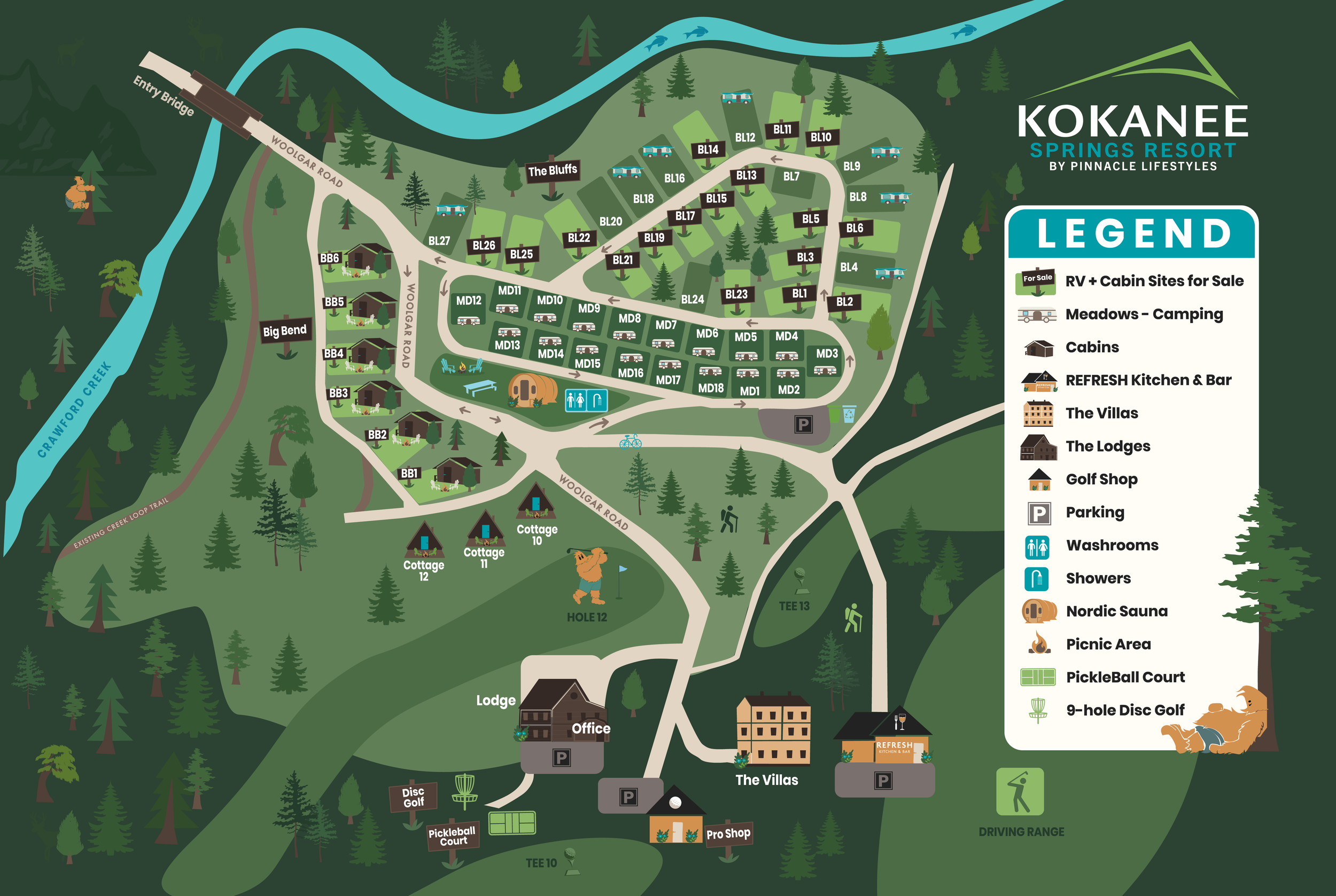 Map of Kokanee Springs Resort with accommodations, amenities, and recreational facilities labeled, including RV sites, cabins, lodges, golf courses, and activity areas.