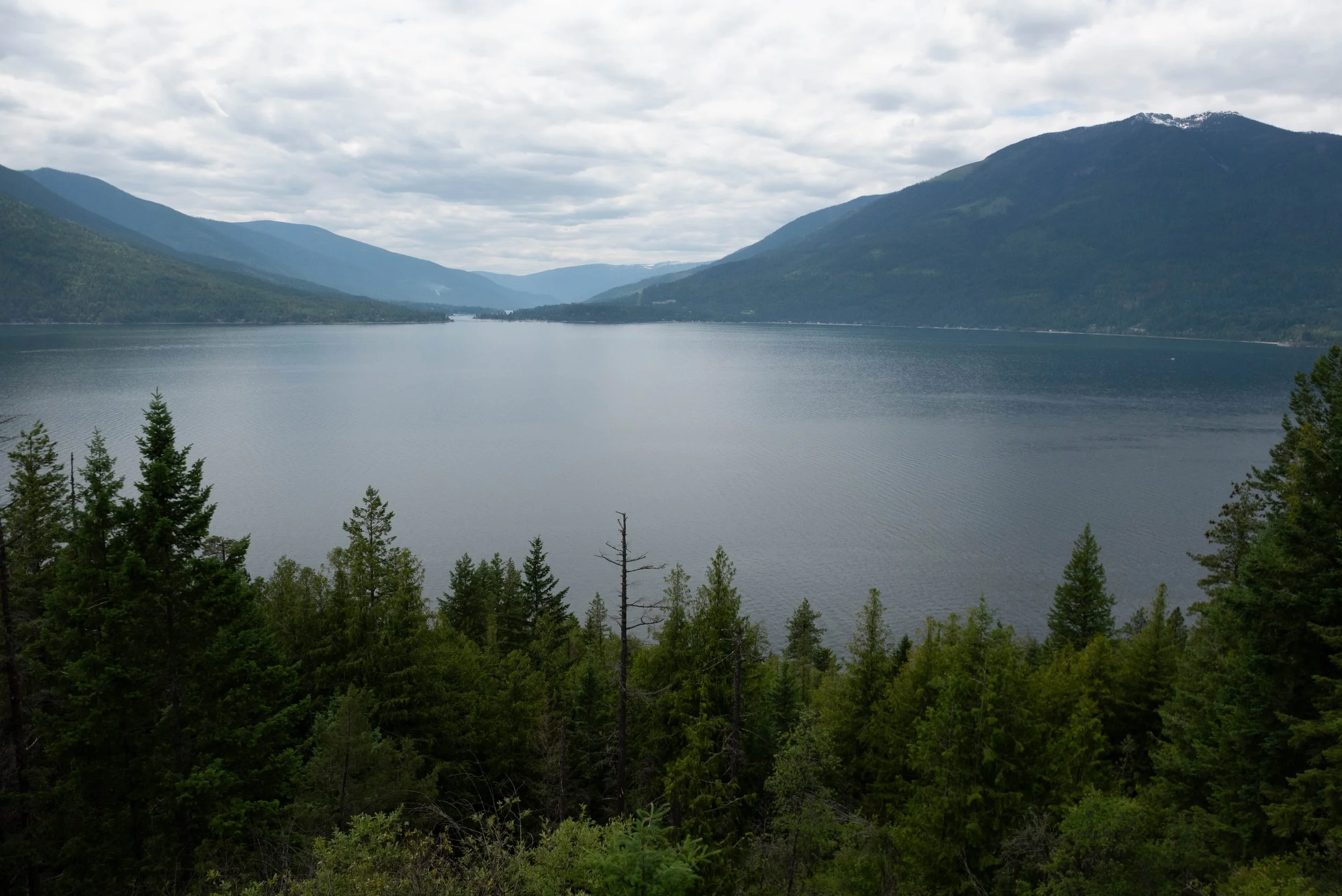 A scenic view of a large lake surrounded by green trees and mountains under a cloudy sky.