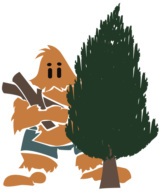 Cartoon bear holding a rifle standing behind a tall green pine tree.