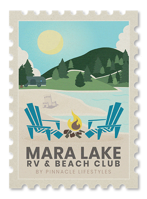 Illustration of a lake with camping chairs, a campfire, a boat, and a mountain with trees in the background under a sunny sky, representing Mara Lake RV & Beach Club.