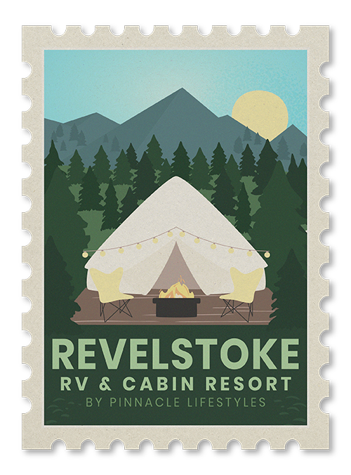 Illustration of a campground scene with a tent, campfire, and trees against mountain and sky background with the full moon.
