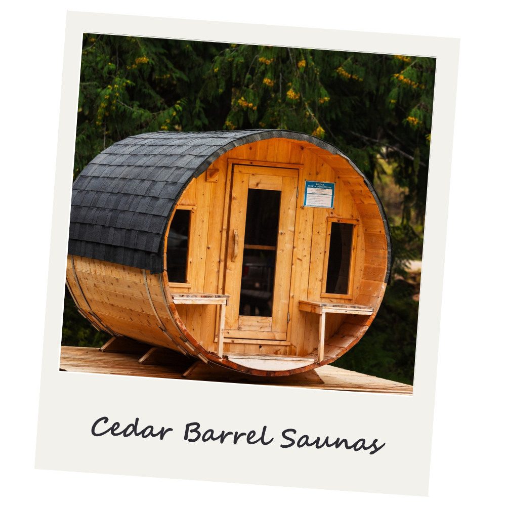 A photo of a barrel-shaped cedar wood sauna placed outdoors on a bed of rocks, surrounded by trees, with a partially visible pool and fence in the background.