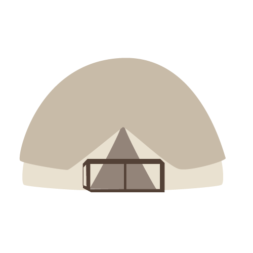 A beige and brown camping tent with a single door, set against a black background.