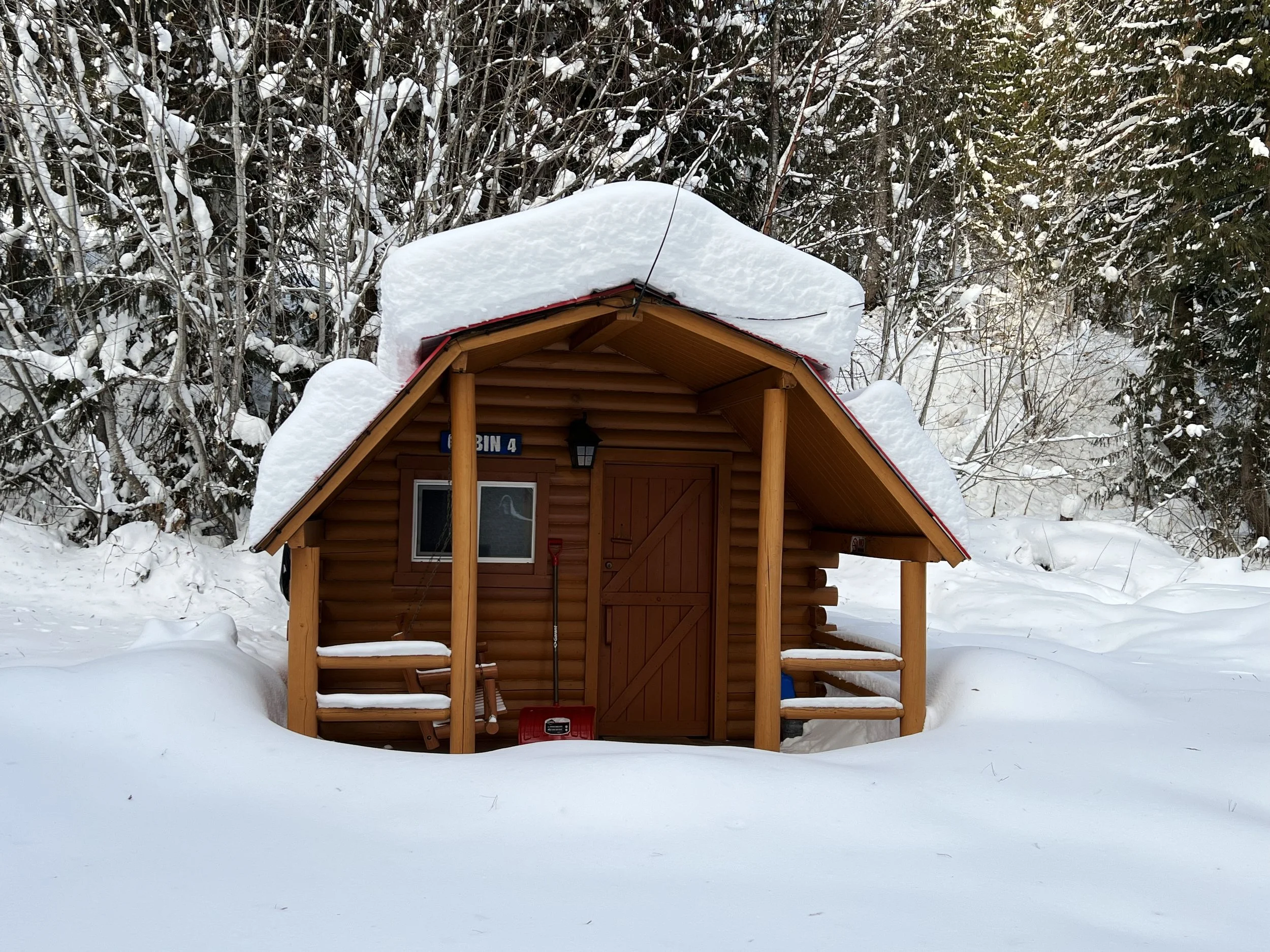 A small wooden cabin with a snow-covered roof, surrounded by snow and trees in a winter landscape.