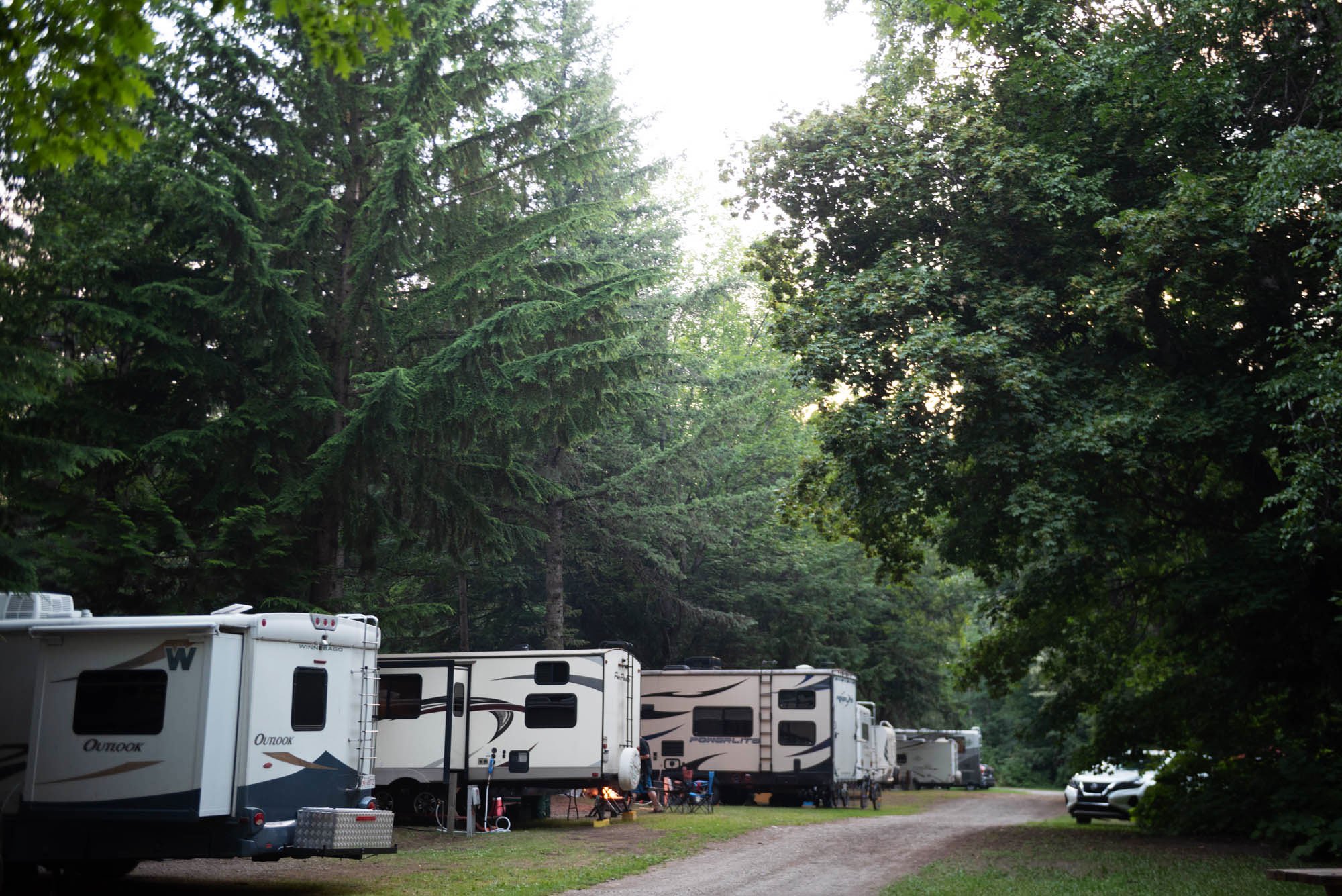 A parking area for RVs and trailers in a wooded area with tall green trees, some sunlight filtering through the foliage, and a few cars parked on the dirt ground.