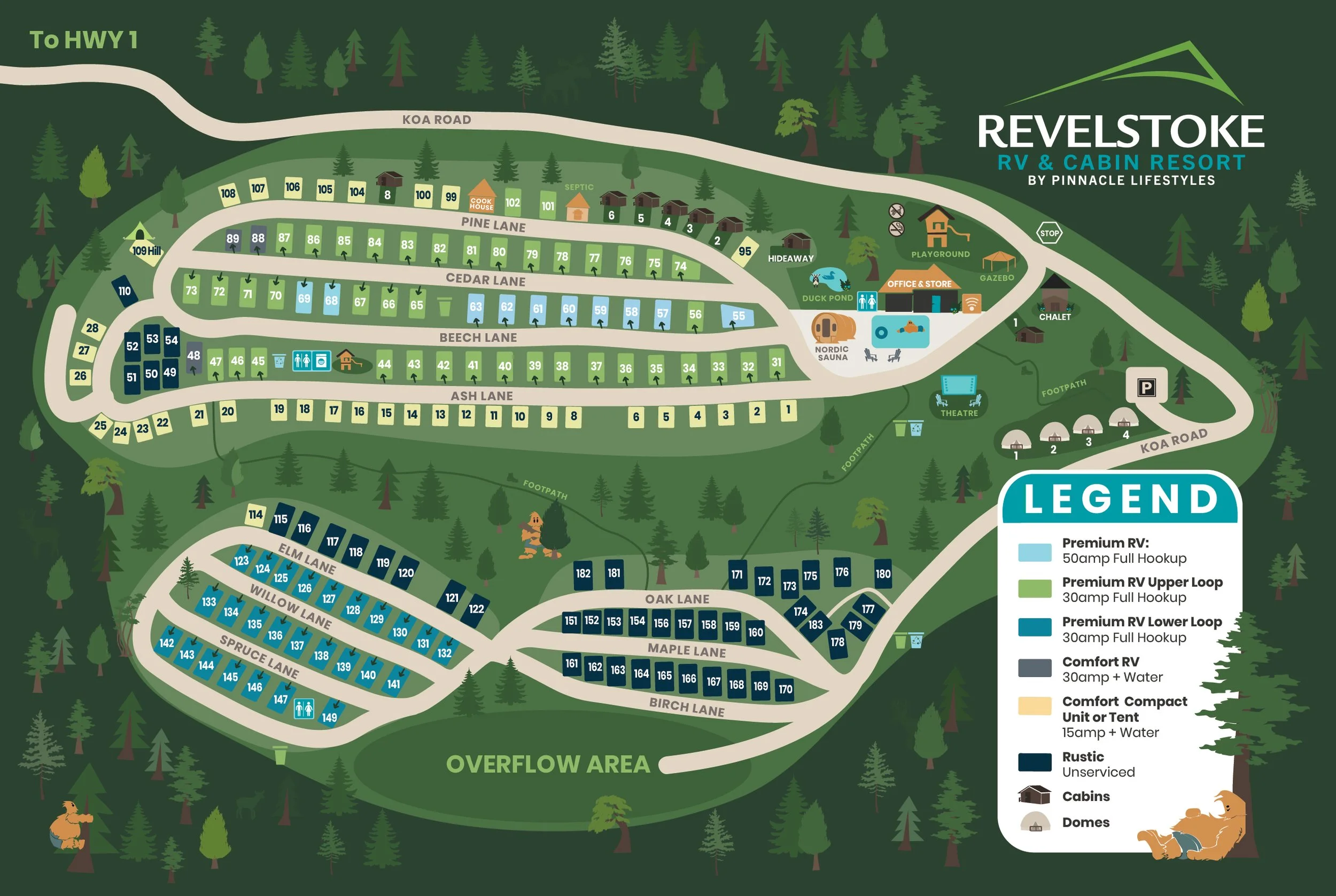 Map of Revelstoke RV & Cabin Resort showing campsite areas, amenities, and surrounding forested landscape, with labels for roads and facilities.
