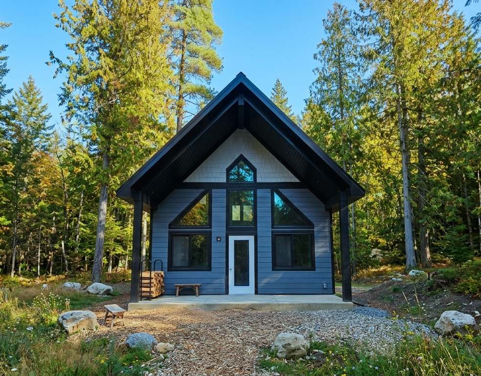 A modern blue house with large windows in a forest setting during daylight, surrounded by trees and rocks.