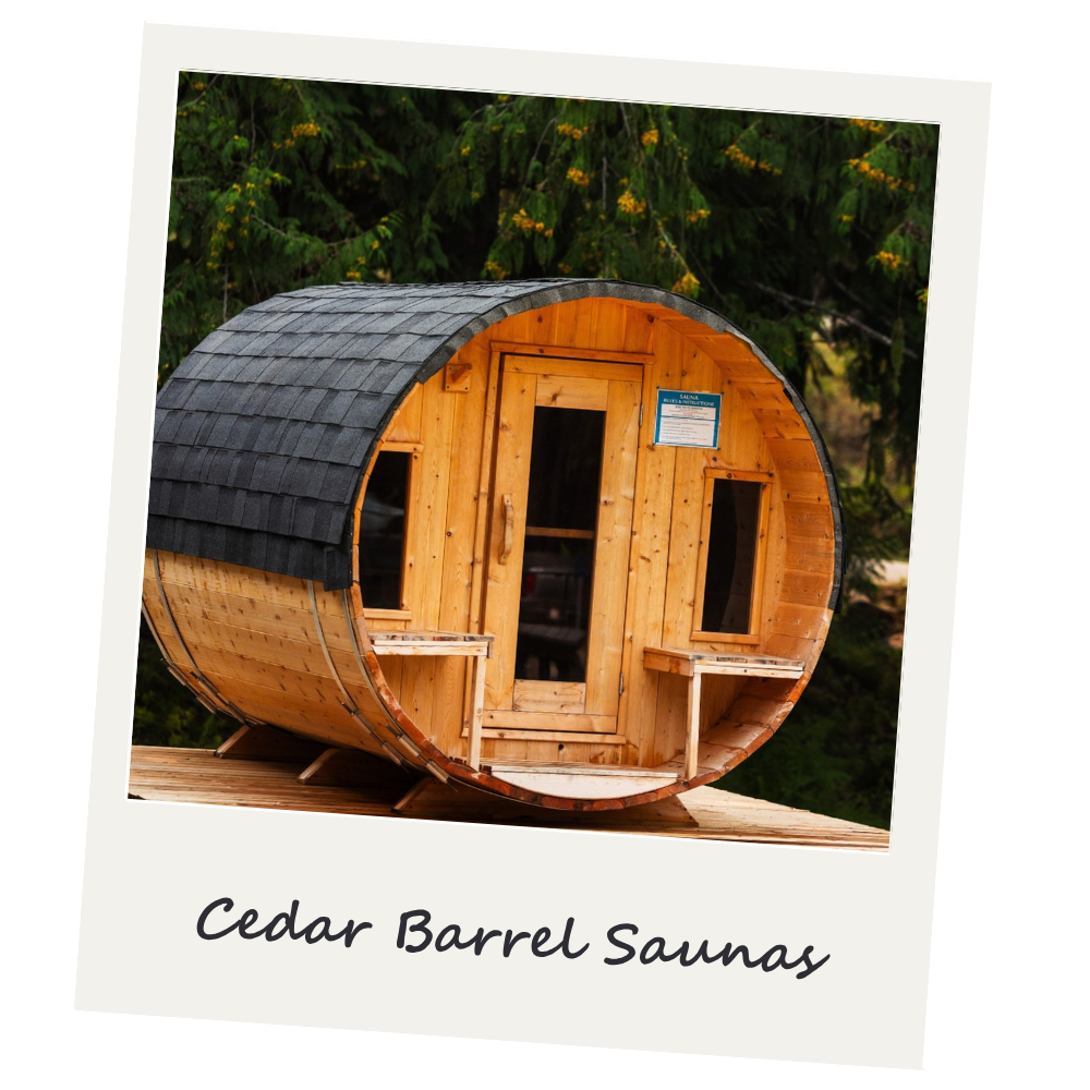 A photo of a barrel-shaped cedar wood sauna placed outdoors on a bed of rocks, surrounded by trees, with a partially visible pool and fence in the background.