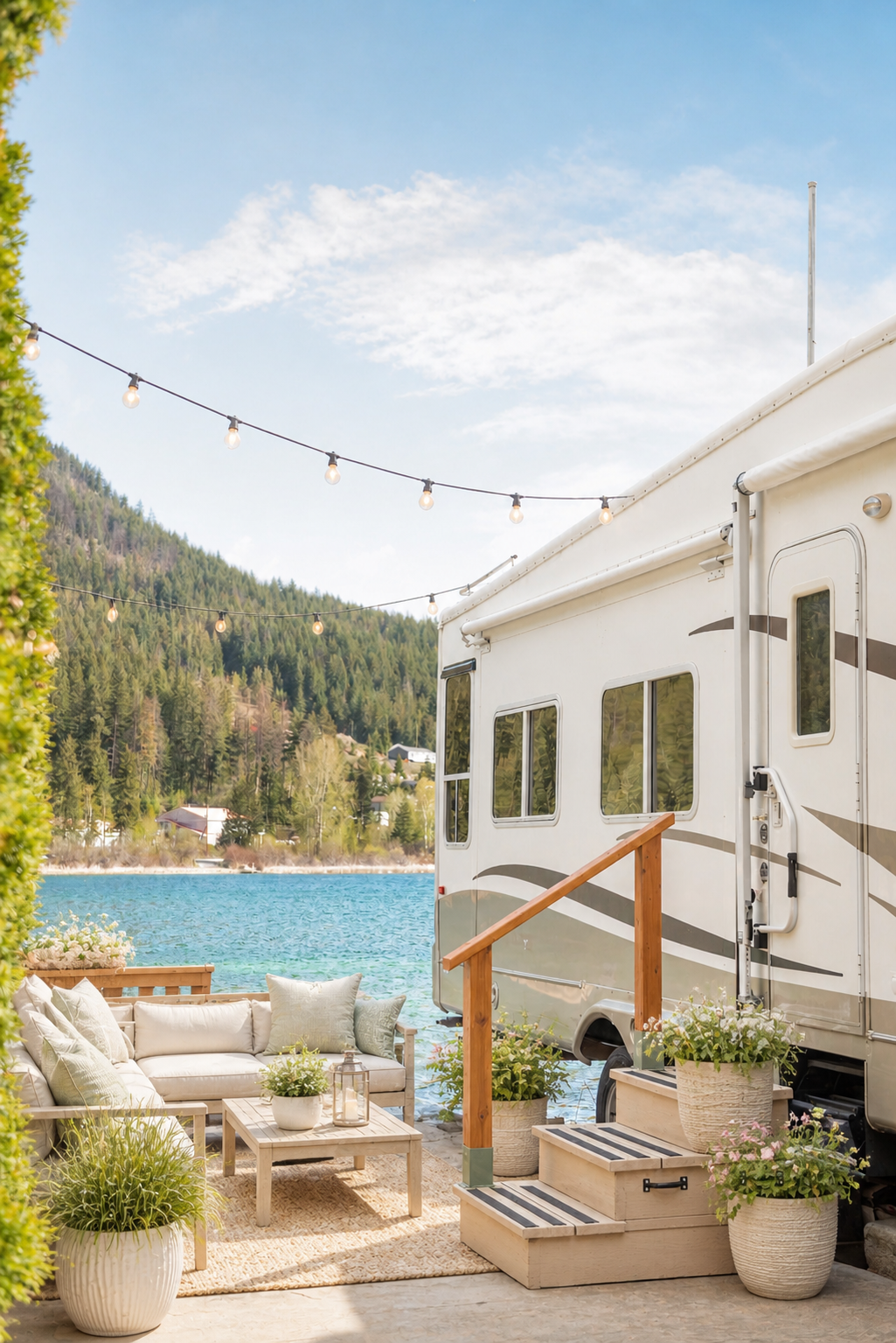 A lakeside outdoor scene with a white camper trailer, string lights, a cozy seating area with a white sofa and pillows, potted plants, and scenic mountains in the background.