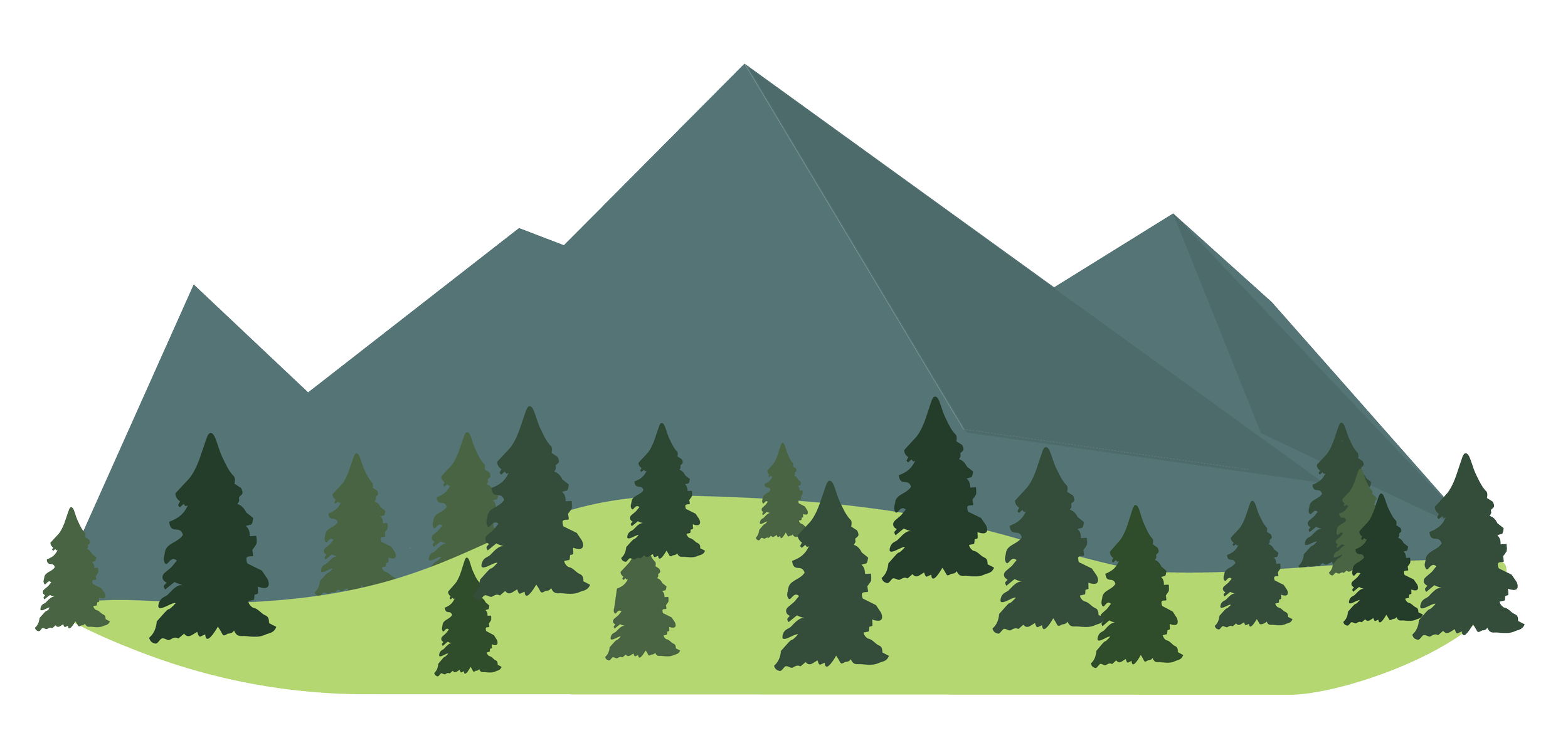 Illustration of a mountain range with trees in the foreground.
