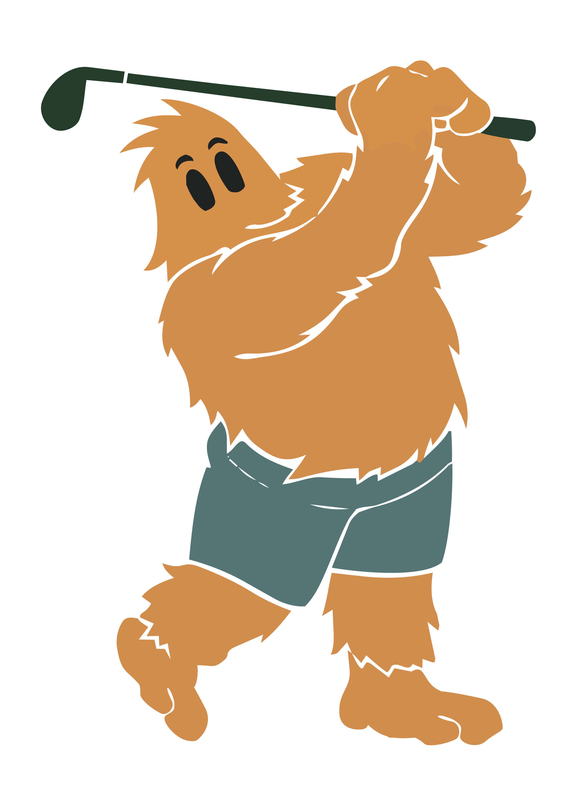 A cartoon dog with brown fur and black eyes, wearing blue shorts, holding a golf club.
