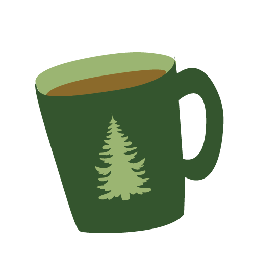 Green mug with a pine tree design, filled with hot beverage.