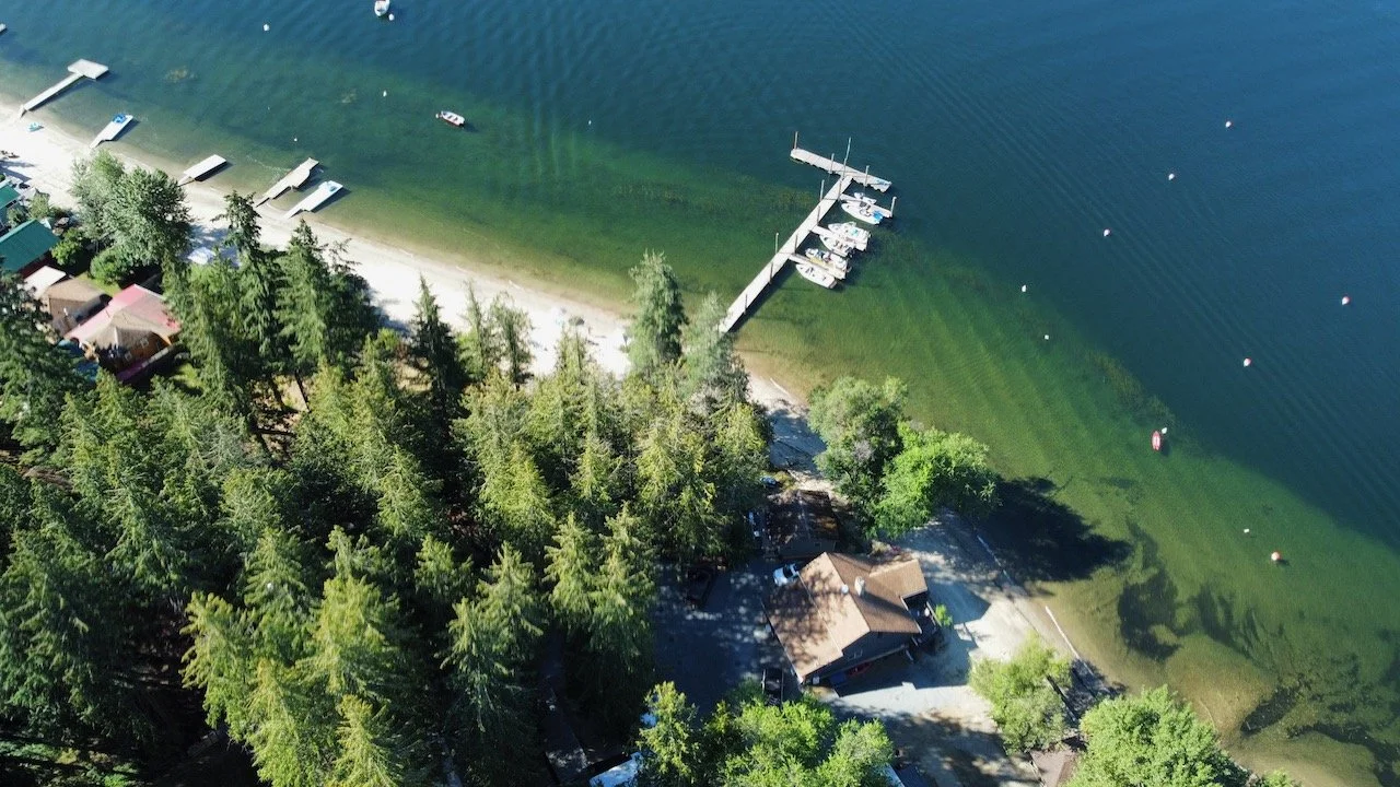 Aerial view of a lakeside area with a dock, boats, a beach, and green trees.