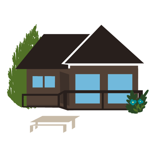 Illustration of a house with a brown roof, blue windows, a front porch, surrounded by greenery and bushes, with a picnic table in front.
