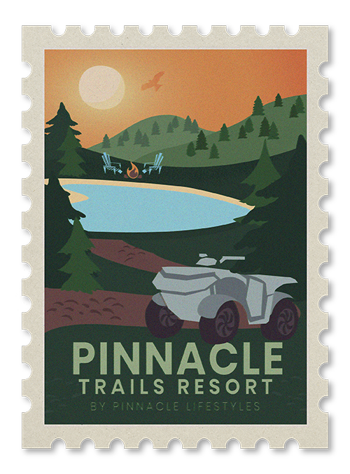 An illustrated poster for Pinnacle Trails Resort shows a mountain landscape with a lake, trees, a camping fire, and a vehicle in the foreground, with the sun and a soaring bird in the sky.