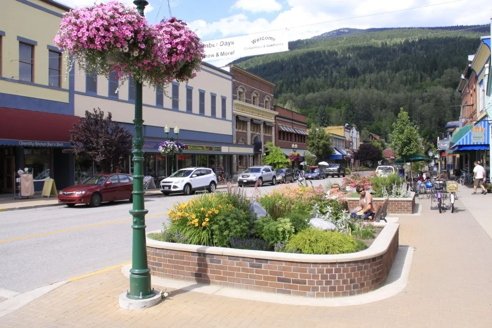 Main street scene in a small town with colorful buildings, parked cars, and flower planters, with mountains in the background.