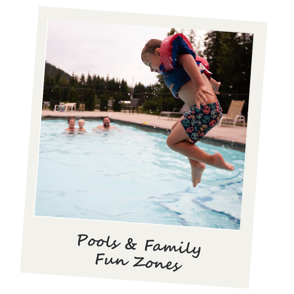 A young boy jumping into a swimming pool with adults in the background, surrounded by poolside chairs and trees, with text that reads 'Pools & Family Fun Zones'.