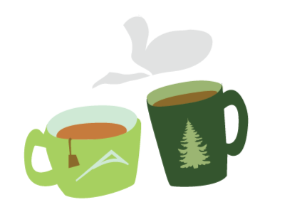 Two steaming mugs of hot beverage, one with a mint leaf and tea bag, and the other with a pine tree design, surrounded by snow-covered trees.