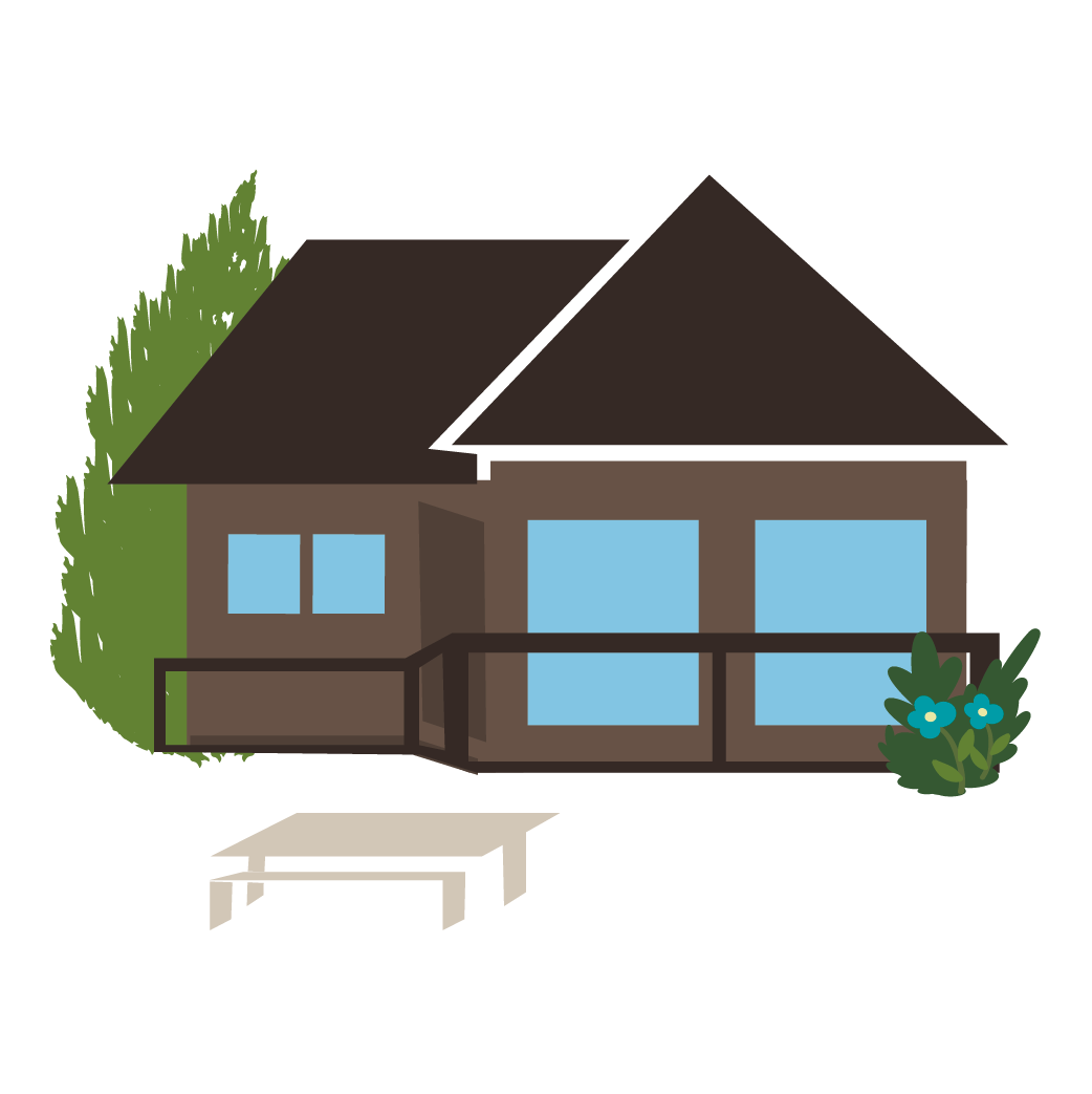 Illustration of a house with a deck, surrounded by greenery and flowers, with a bench in front.