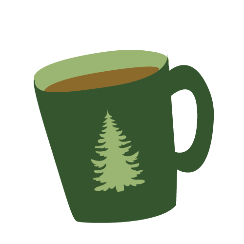 Green mug with a pine tree graphic filled with hot beverage.