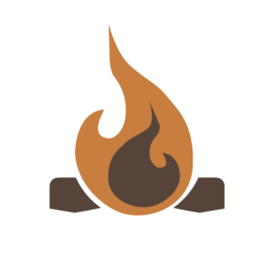 A stylized campfire with flames and rocks.