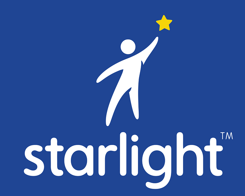 Logo with a stylized figure reaching for a star above the word "starlight" on a blue background.