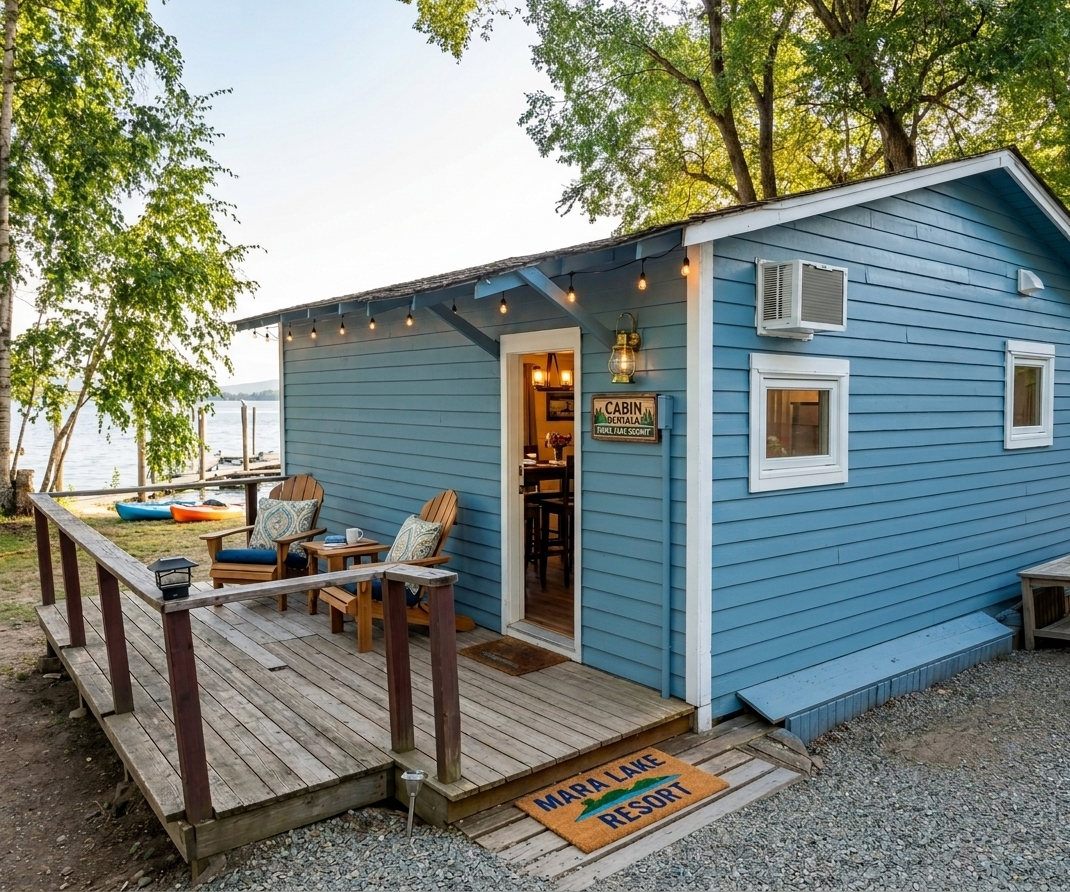 A small blue cabin with a wooden deck overlooking a lake, with two Adirondack chairs, a small table, string lights, and kayaks by the water.