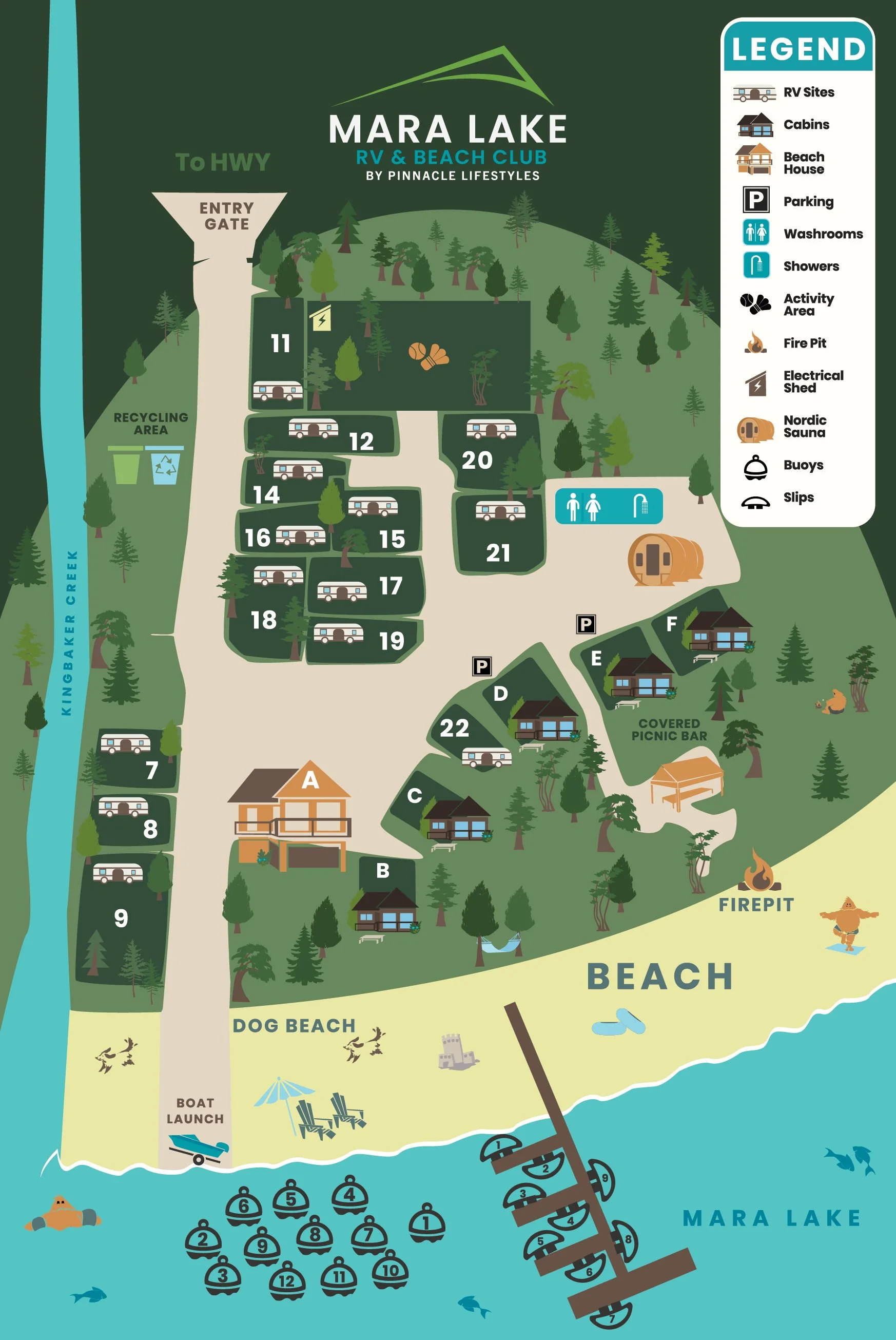 Map of Mara Lake RV & Beach Club with various facilities and accommodations, including RV sites, cabins, beach house, and a marina with boat docks, surrounded by trees and water features.