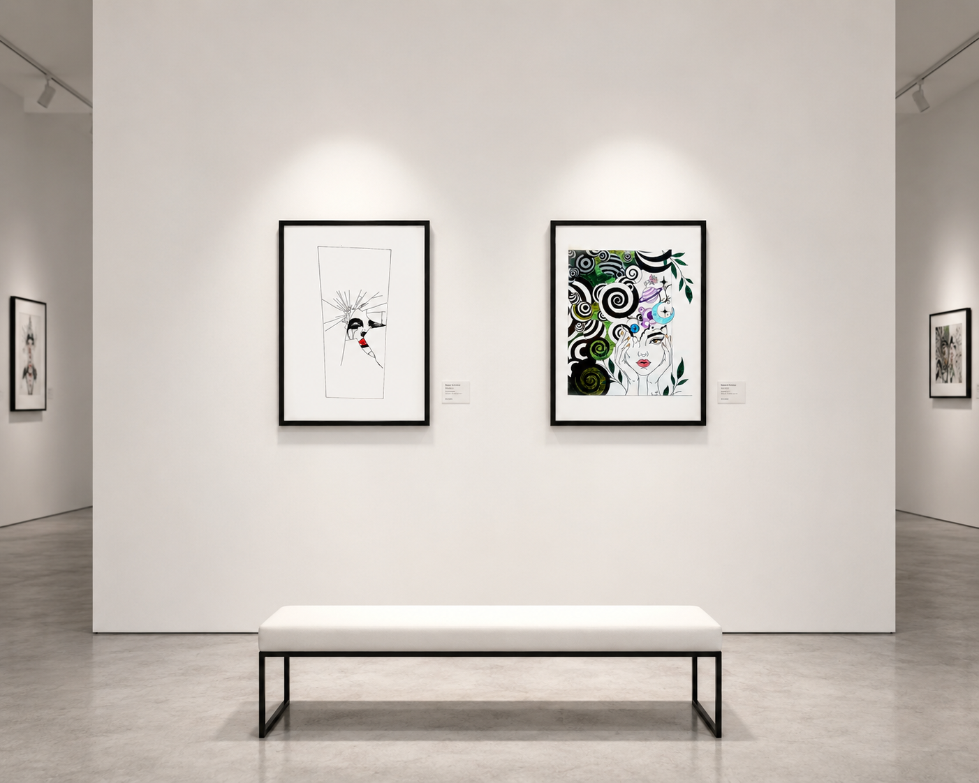 Art gallery with four framed artworks on white walls, two on each side, illuminated by ceiling lights. A white bench with black legs in the center of the room.