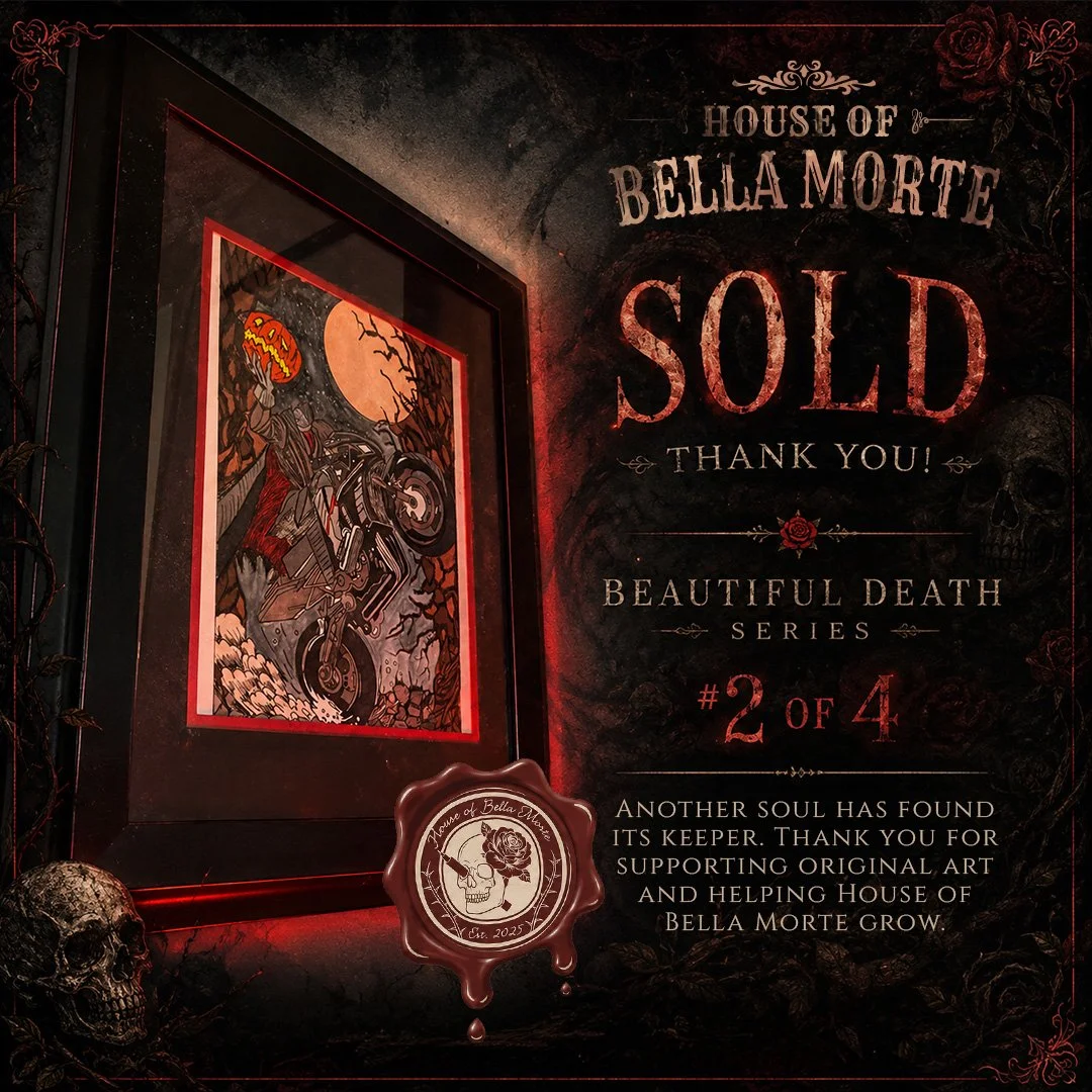 A framed artwork of a motorcycle and skull on a black background with a moon and trees. A sign expresses gratitude for support in a death-themed art series, indicating the artwork is sold in a dark, gothic style.