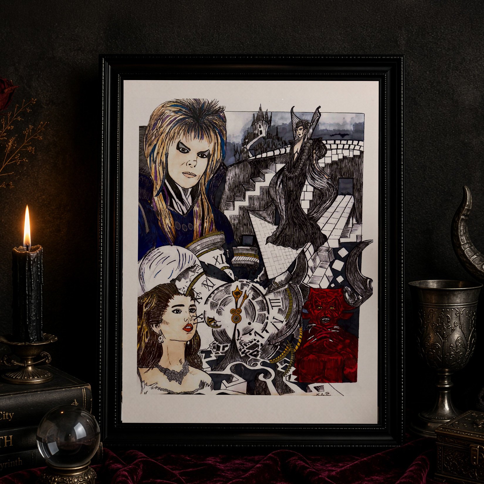 A framed illustration featuring gothic and Victorian style women, clock faces, and surreal architecture, with candles and decorative items around it.