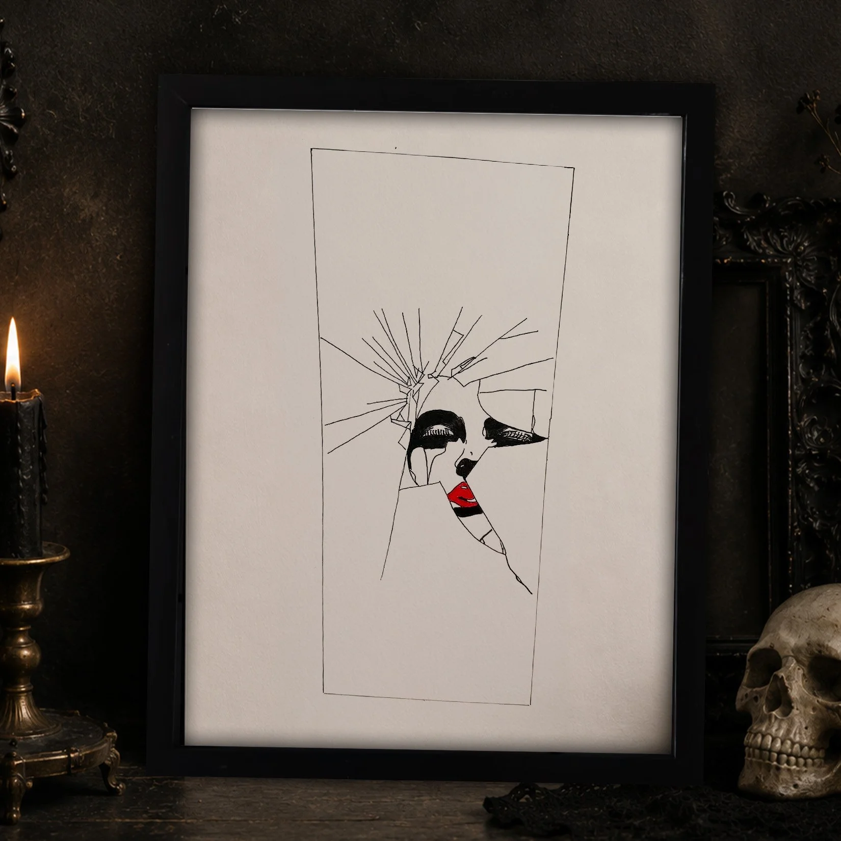 A framed sketch of a woman with glasses and dark hair, with her hand covering her mouth and red lipstick, is displayed on a dark wall next to a skull and a lit candle.