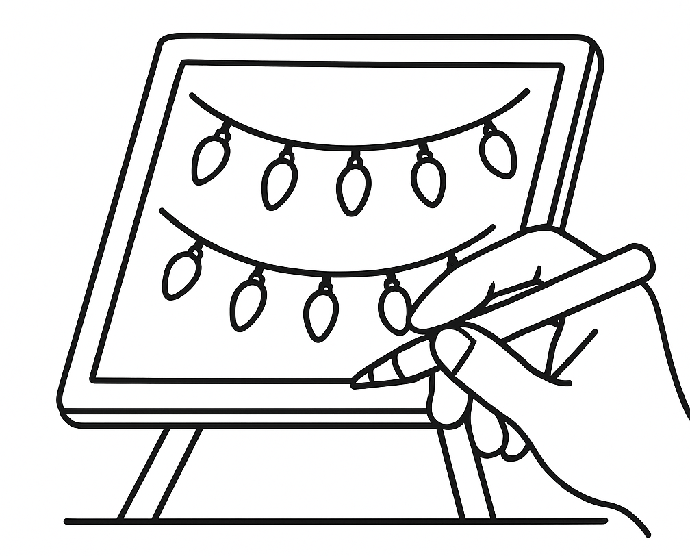 A hand drawing a string of holiday lights on a digital tablet or drawing pad.