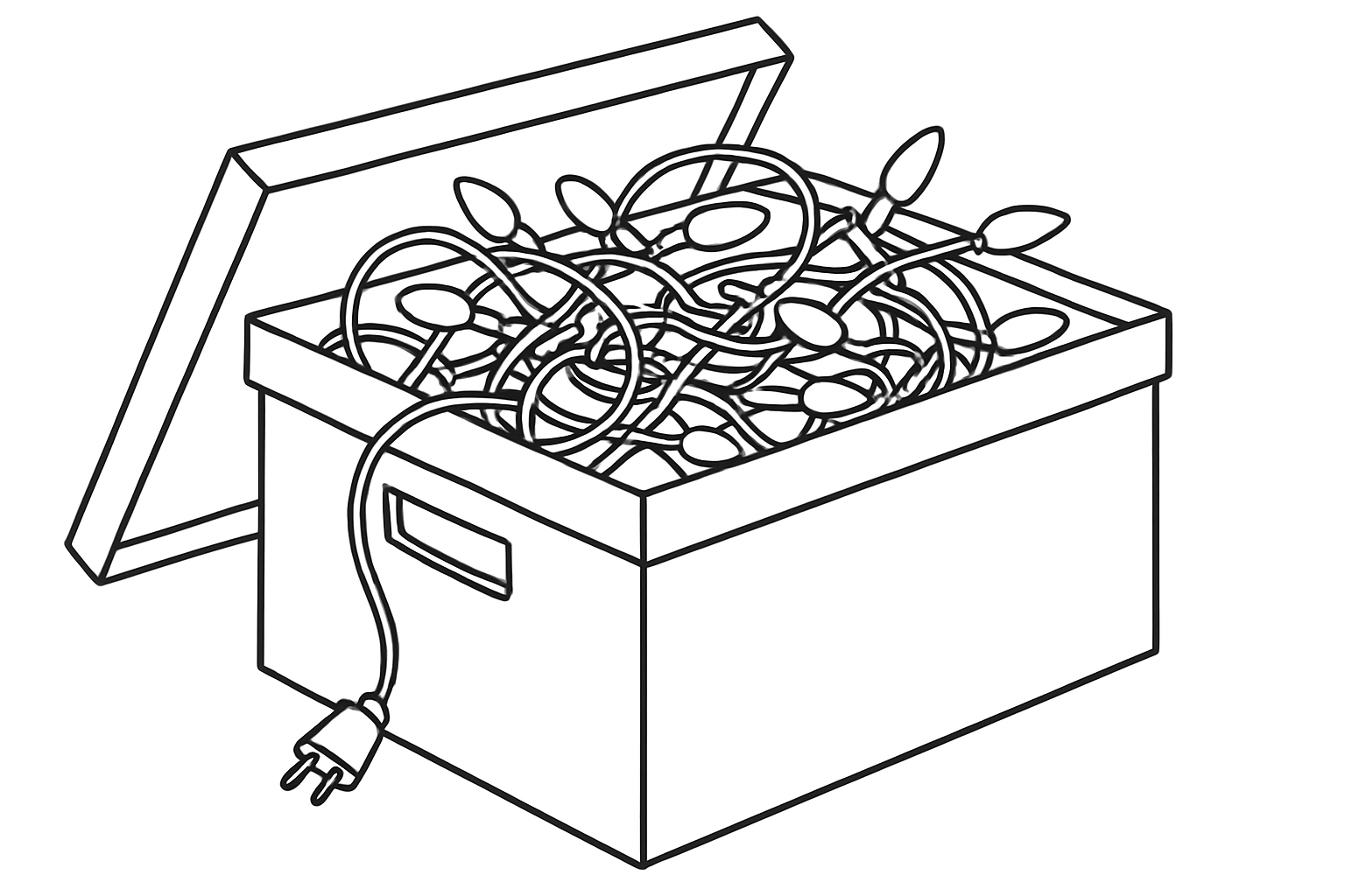 An open box filled with tangled Christmas string lights, with a power cord hanging out of the box.