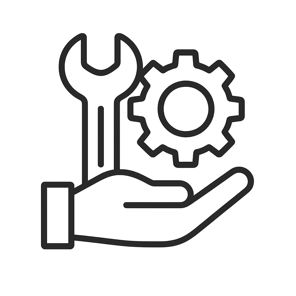 Line drawing of a hand holding a wrench and a gear, symbolizing maintenance or technical repair.