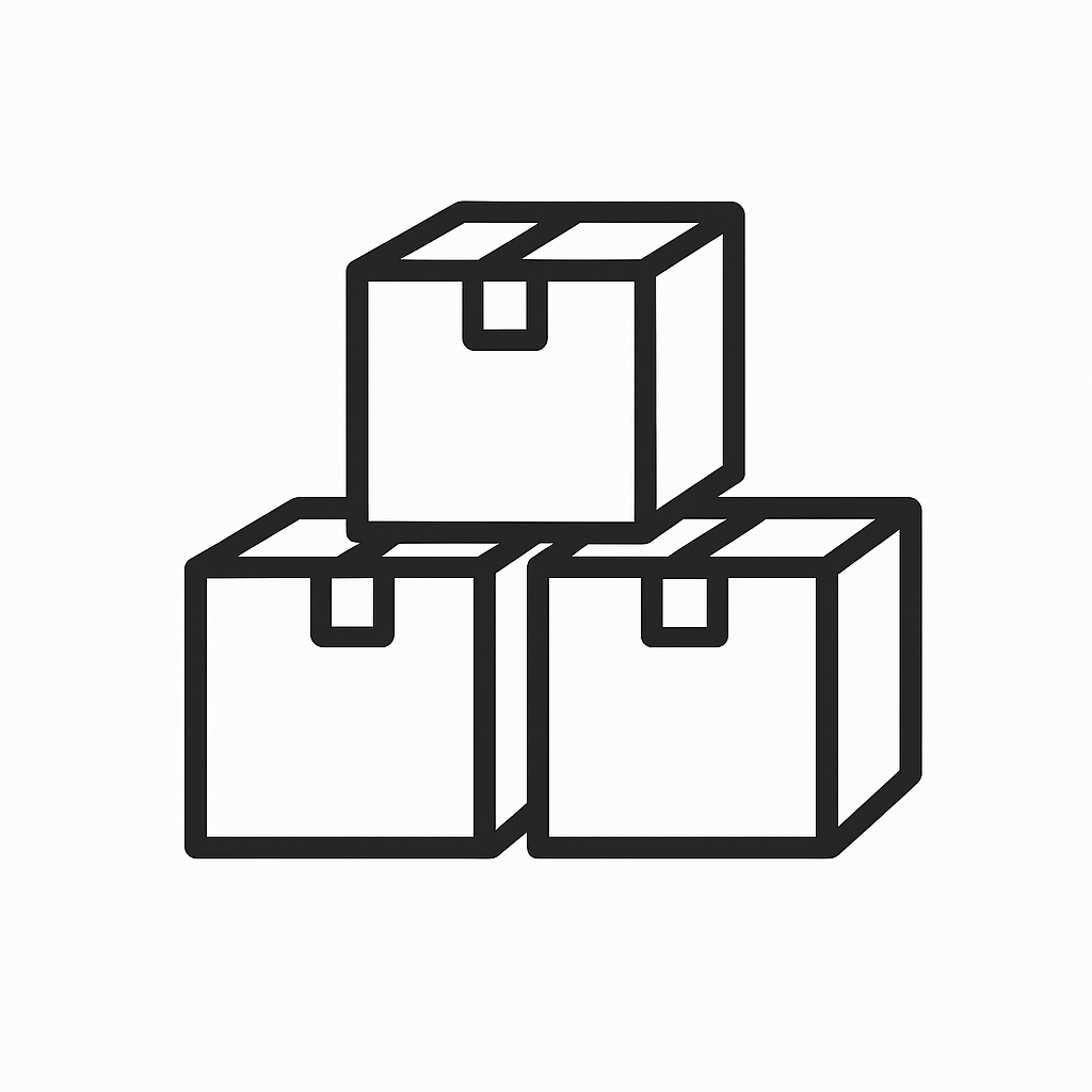 Three cardboard boxes stacked in a pyramid shape, with one on top and two on the bottom.