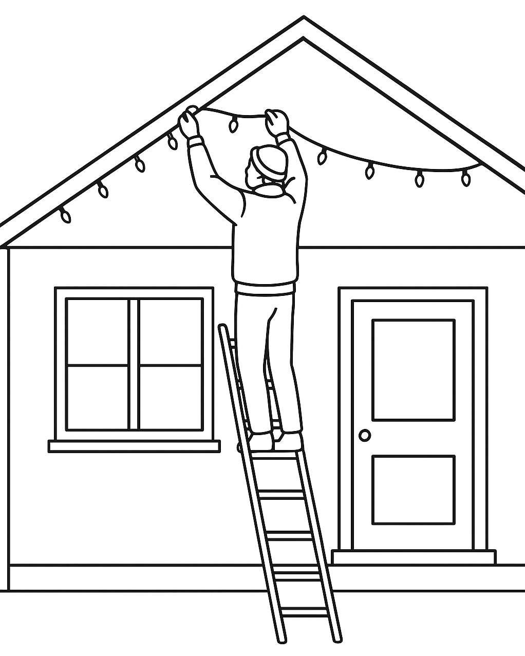 Outline of a person standing on a ladder, decorating the exterior of a house with Christmas lights under the roof.