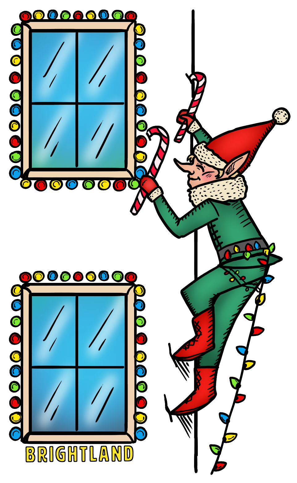 An illustration of a smiling elf in green clothing, a red hat, and red boots, hanging ornaments shaped like candy canes and stockings during Christmas, with two large windows decorated with colorful lights at night, and the word 'Brightland' at the bottom.