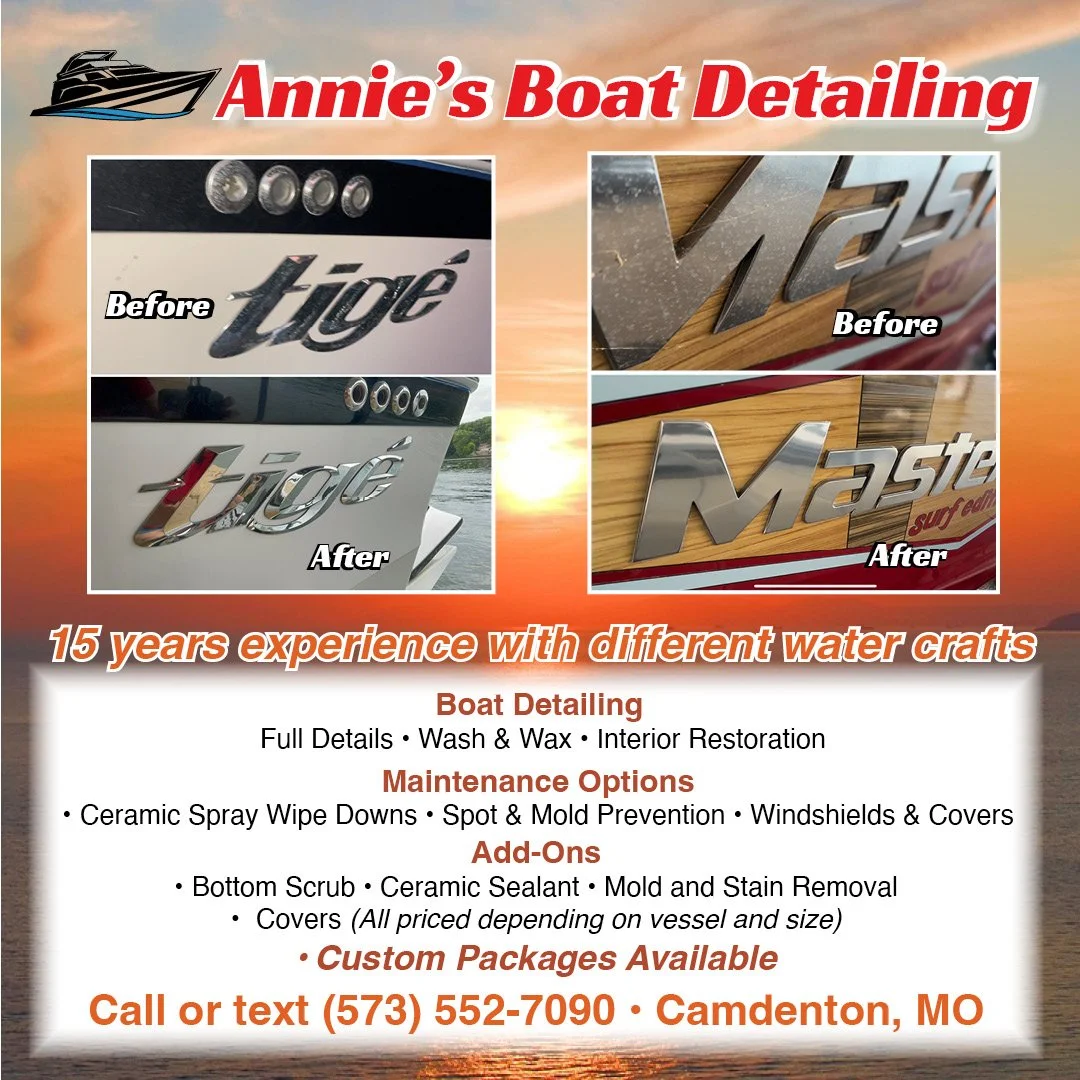 Advertisement for Annie's Boat Detailing showcasing before-and-after images of boat emblems, with text highlighting 15 years of experience, services offered such as boat detailing, maintenance options, add-ons, and contact information in Camdenton, M