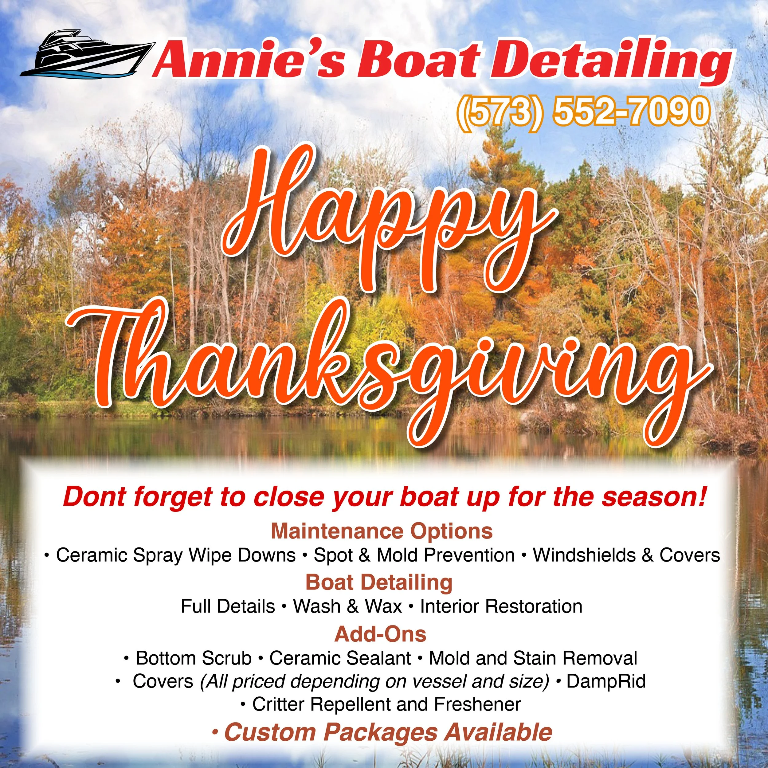 A digital flyer for Annie's Boat Detailing featuring a scenic autumn background with trees and a lake. The flyer advertises boat detailing services, including maintenance options, special offers, and add-ons, with a prominent phone number and a remin