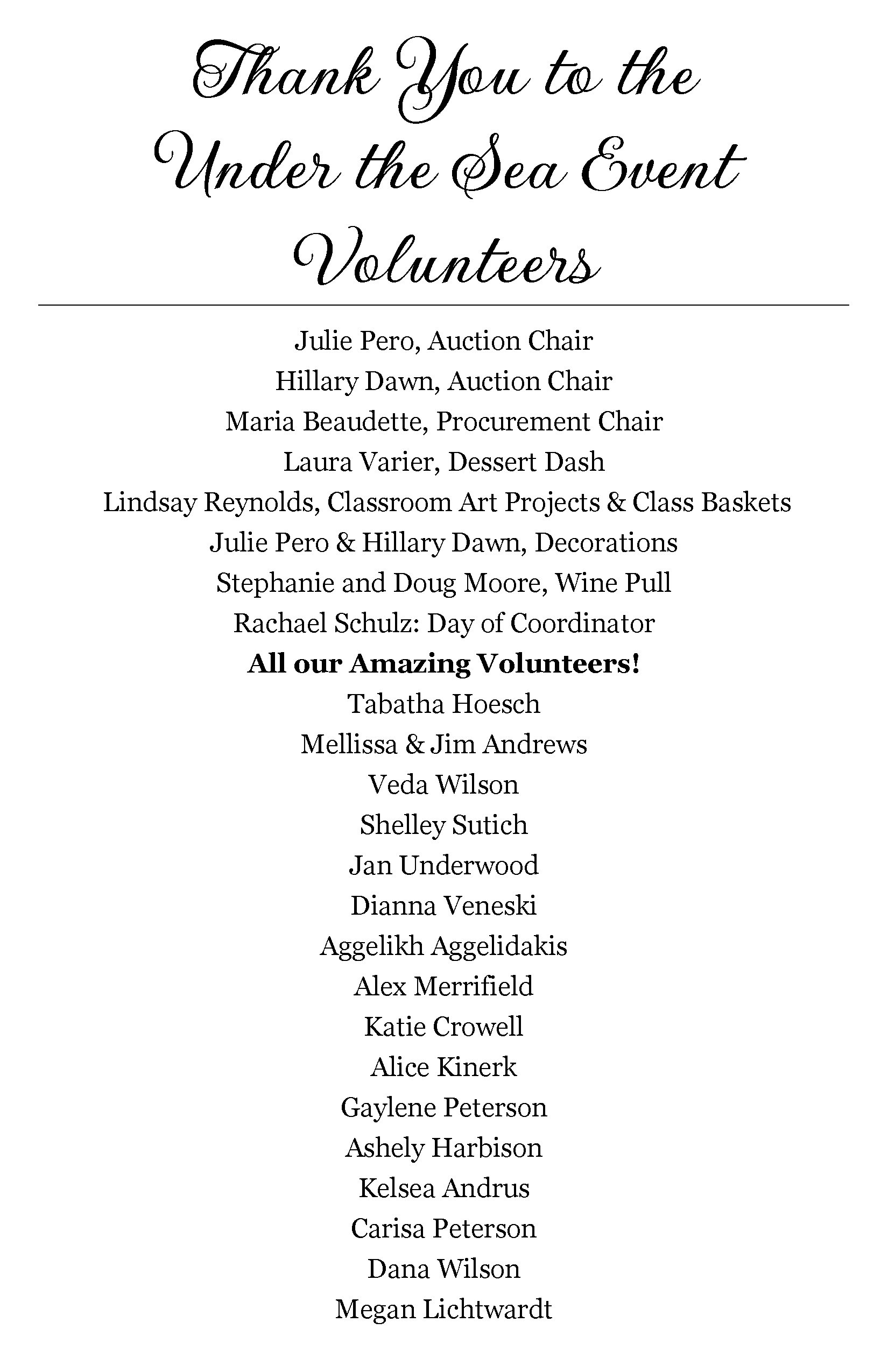 A thank you note to volunteers at the Under the Sea Event, listing names and roles including auction chairs, class project leaders, decorators, and coordinators.