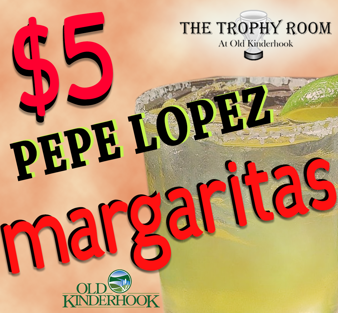 Promotional sign featuring a $5 margarita at Old Kinderhook, with a picture of a margarita glass, lime wedge, and a salt-rimmed glass in the background.